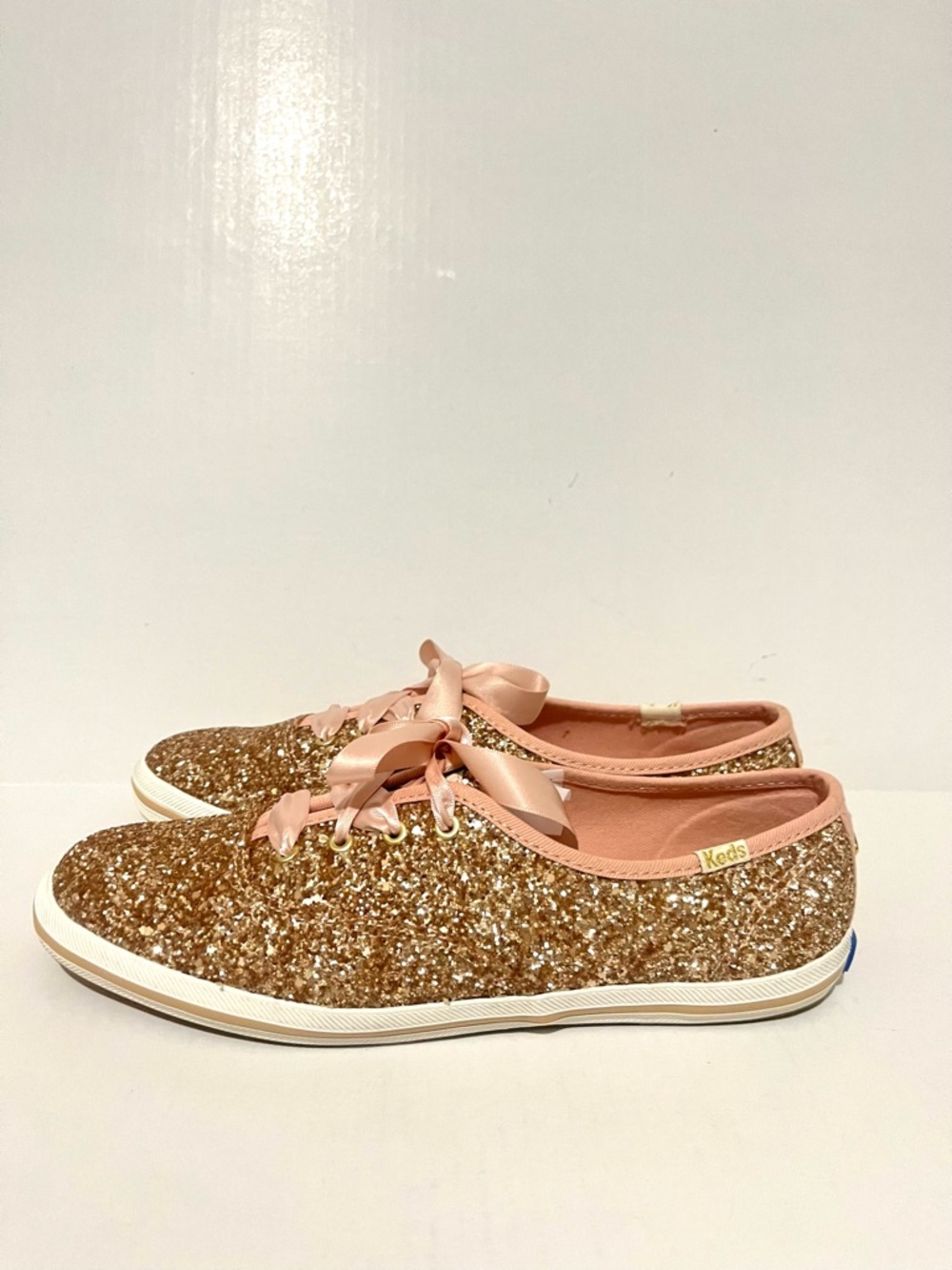 Keds X Kate Spade New York Champion Glitter Ribbon Lace Sneakers in Rose Gold